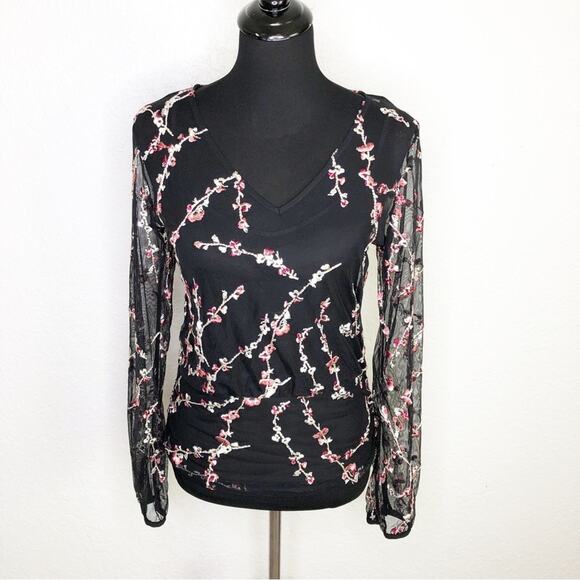 White House Black Market Tops - WHBM black pink floral mesh embroidered sheer v neck top size Small